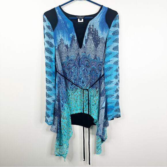 CITRON Silk Blouse Womens Large Handkerchief Hem Blue Flowy Long Sleeves - Picture 1 of 8